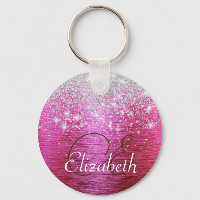 Hot Pink Brushed Metal Silver Glitter Monogram  Key Ring (Front)