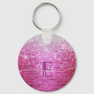 Hot Pink Brushed Metal Silver Glitter Monogram  Key Ring