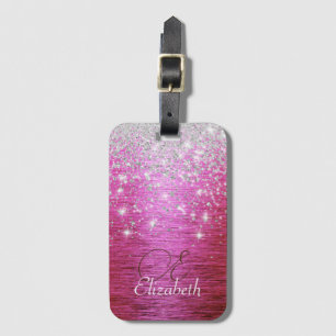 Hot Pink Brushed Metal Silver Glitter Monogram  Luggage Tag