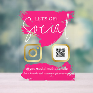 Hot Pink Brushstrokes Faux Gold Let's Get Social Acrylic Sign