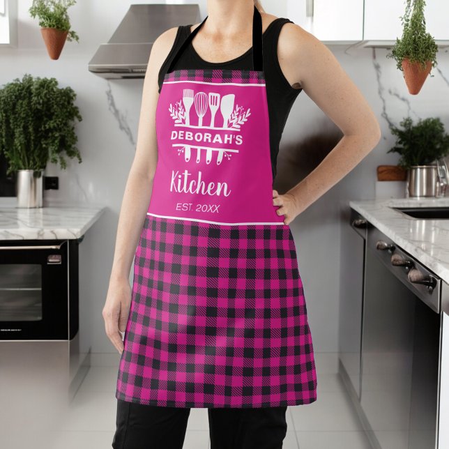 Hot Pink Buffalo Plaid Kitchen Name Apron (Creator Uploaded)