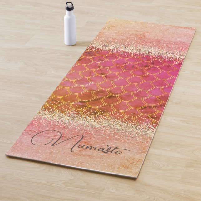 Hot Pink Burnt Amber Mermaid Scales Glitter  Yoga Mat (In Situ)