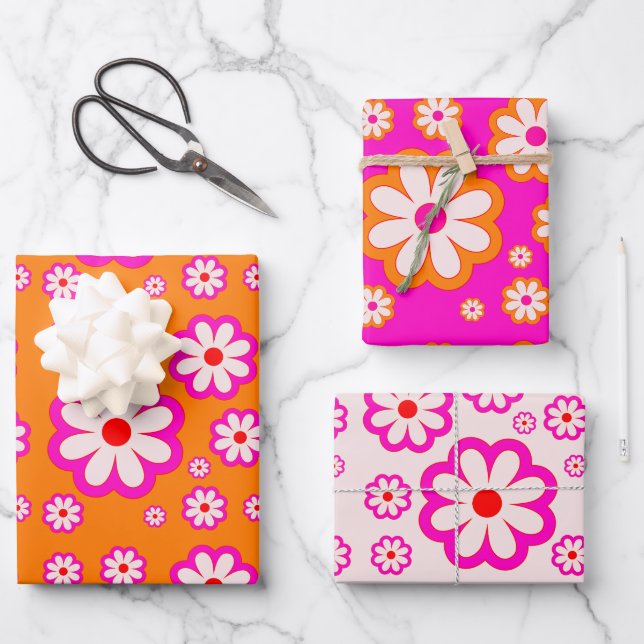 Hot Pink& Burnt Orange Daisy Pattern Retro Floral Wrapping Paper Sheet (Front)