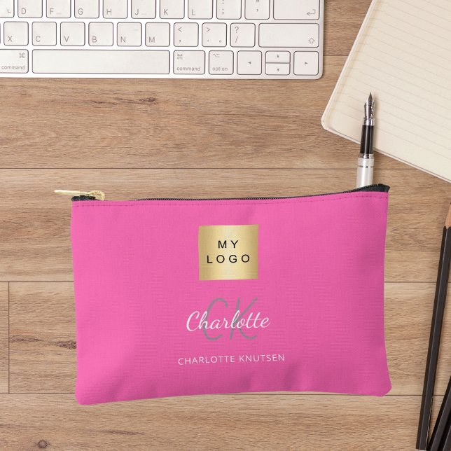 Hot pink business logo name monogram accessory pouch (Creator Uploaded)