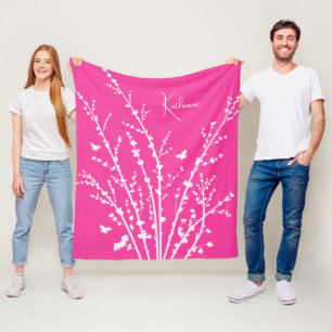 Hot Pink Butterflies Branches Customisable Name Fleece Blanket