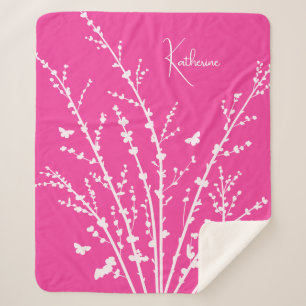 Hot Pink Butterflies Branches Customisable Name   Sherpa Blanket