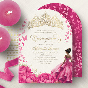 Hot Pink Butterflies Floral Tiara Quinceanera Invitation