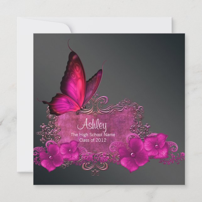 Hot Pink Butterfly Graduation Announcements (Front)