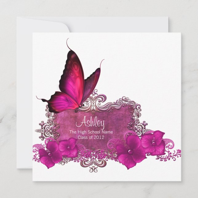 Hot Pink Butterfly Graduation Announcements (Front)