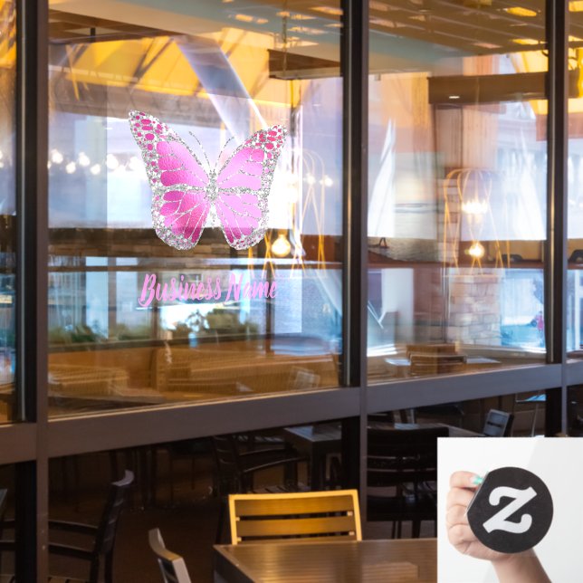 Hot pink butterfly logo window cling (Restaurant Window)