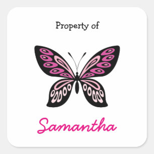 Hot pink butterfly personalised school supply square sticker