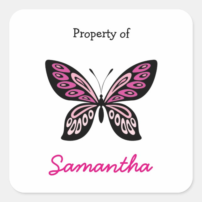 Hot pink butterfly personalised school supply square sticker (Front)
