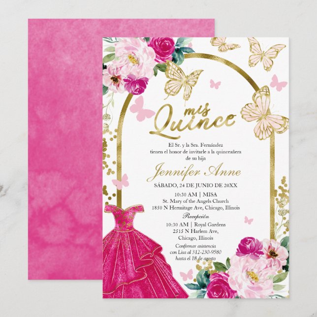 Hot Pink Butterfly Spanish Quinceanera Invitations (Front/Back)