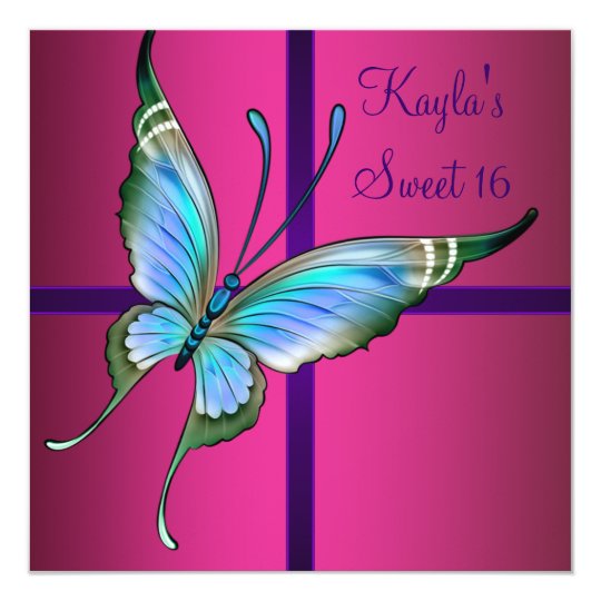 Hot Pink Butterfly Sweet 16 Party Card