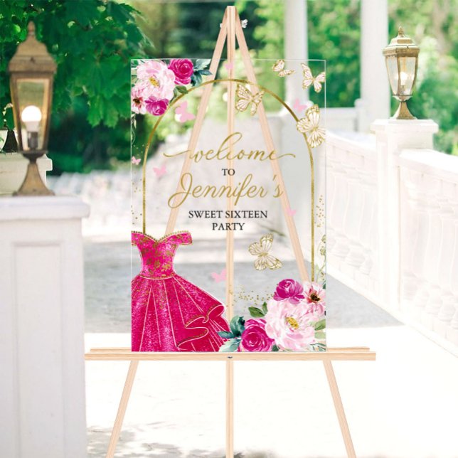 Hot Pink Butterfly Sweet 16 Welcome Acrylic Sign (Creator Uploaded)