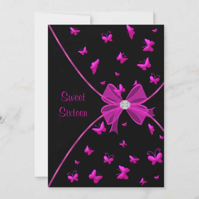 Hot Pink Butterfly Sweet Sixteen Party Invitation (Front)