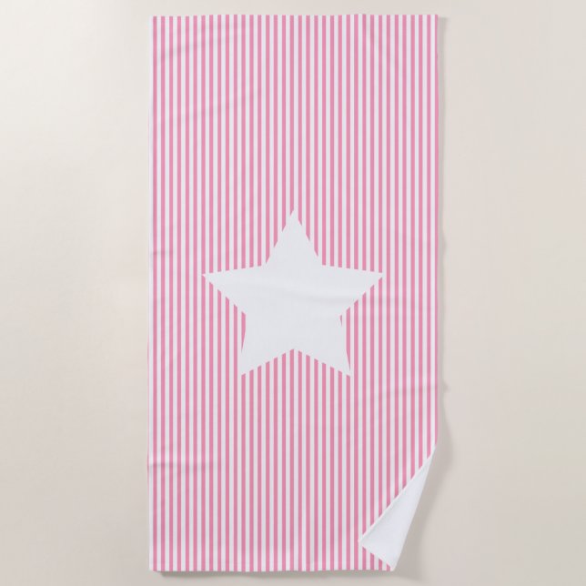 Hot Pink Cabana Stripes & White Star Beach Towel (Front)