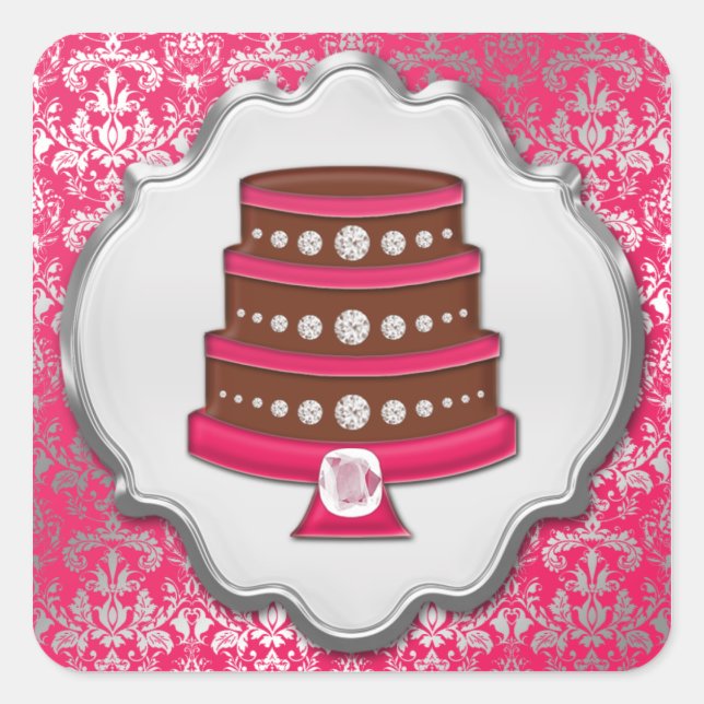 Hot Pink Cake Couture Damask Square Bakery Label (Front)