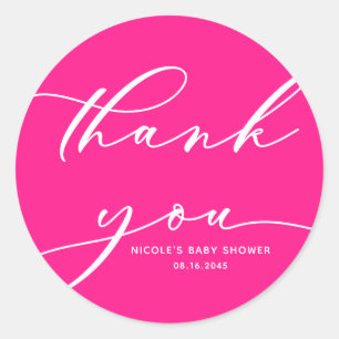 Hot Pink Calligraphy Baby Shower Thank You Classic Round Sticker