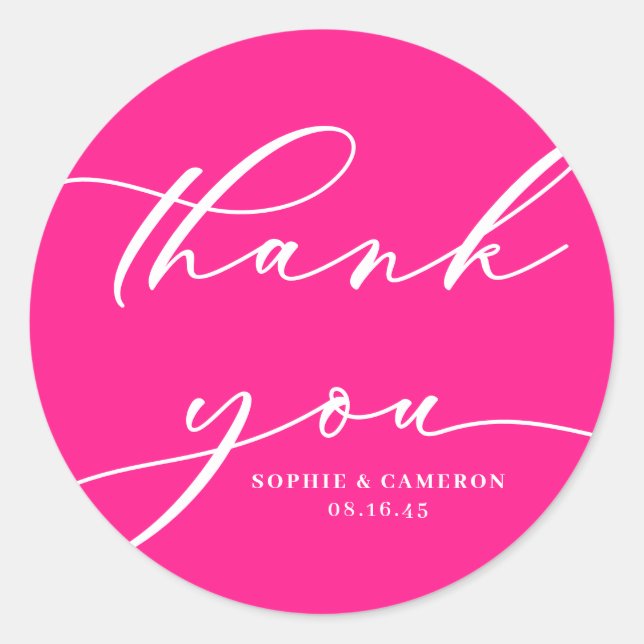 Hot Pink Calligraphy Wedding Thank You Classic Round Sticker (Front)