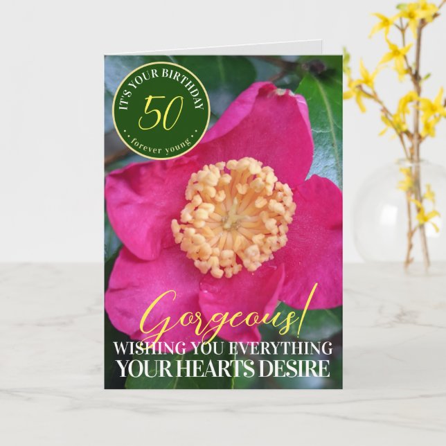 Hot Pink Camellia Flower Happy Birthday Card (Yellow Flower)