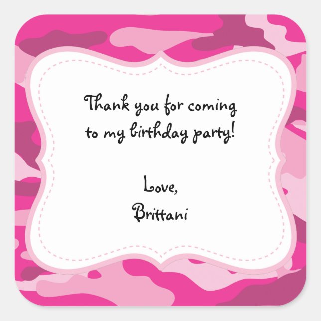 Hot Pink Camo Birthday Party Favour Label Sticker (Front)