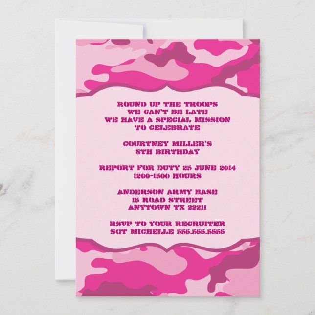 Hot Pink Camouflage Birthday Party Invite CAMO (Front)