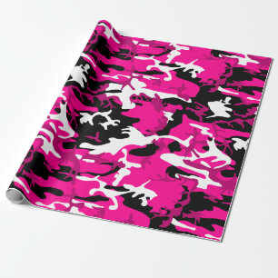 hot pink camouflage black white camo wrapping paper