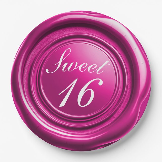 Hot Pink Candle Wax Seal Drip Sweet 16 Wedding Paper Plate (Front)