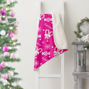 Hot Pink Candy Canes Peppermint & Snowflakes Name Sherpa Blanket
