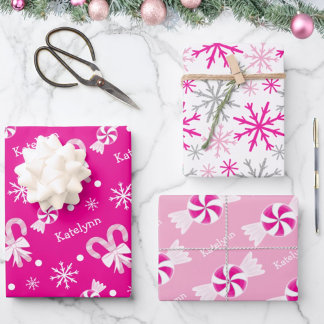 Hot Pink Candy Canes Peppermint & Snowflakes Name Wrapping Paper Sheet