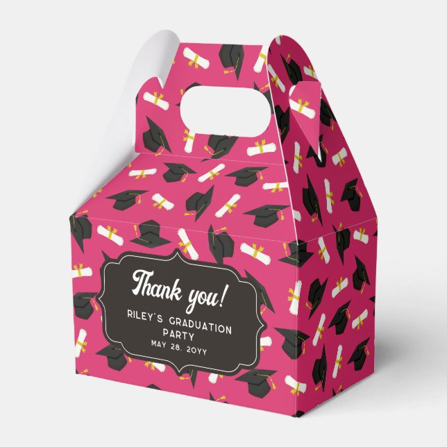 Hot Pink Cap Diplomas Pattern Graduation Thank You Favour Box (Front Side)