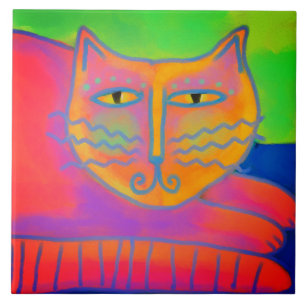 Hot Pink Cat Abstract Digital Painting Tile