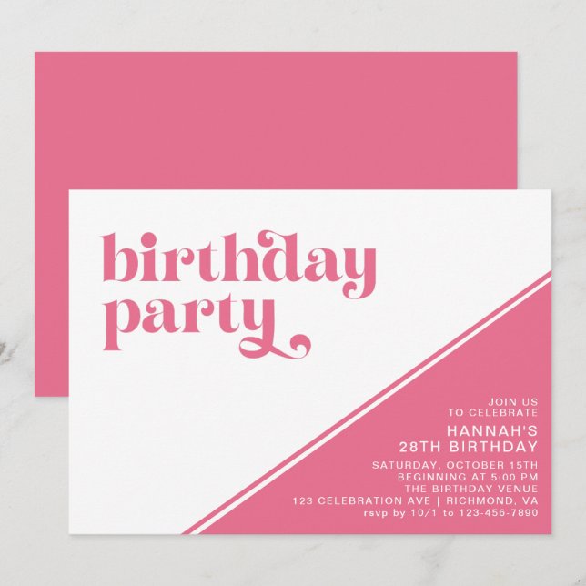 Hot Pink Cerise Retro Girly Any Age Birthday Party Invitation (Front/Back)