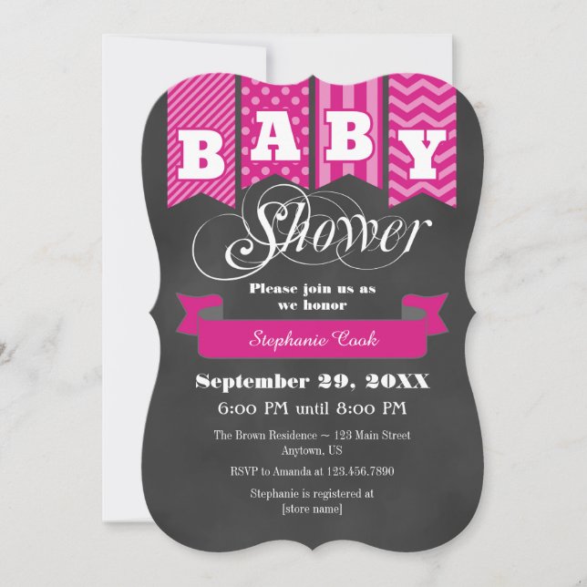 Hot Pink Chalkboard Flag Baby Shower Invite (Front)