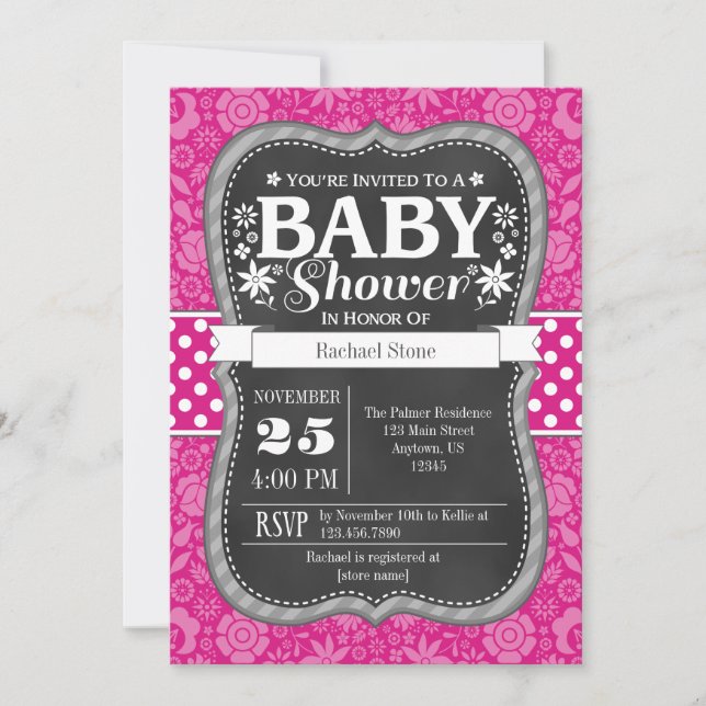 Hot Pink Chalkboard Floral Baby Shower Invite (Front)