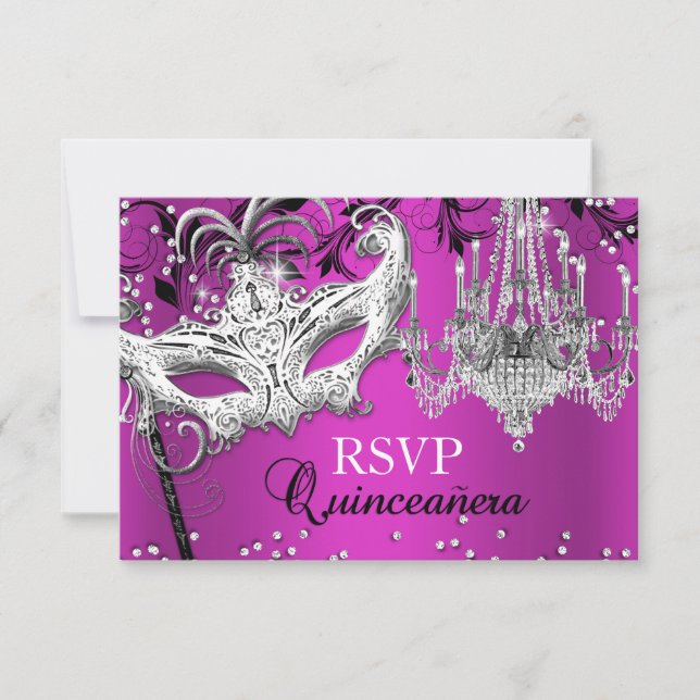 Hot Pink Chandelier Masquerade Quinceanera RSVP (Front)