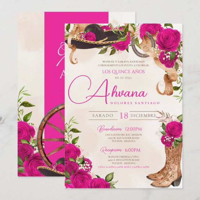 Hot Pink Charro Western Rose Floral Quinceañera  Invitation (Front/Back)