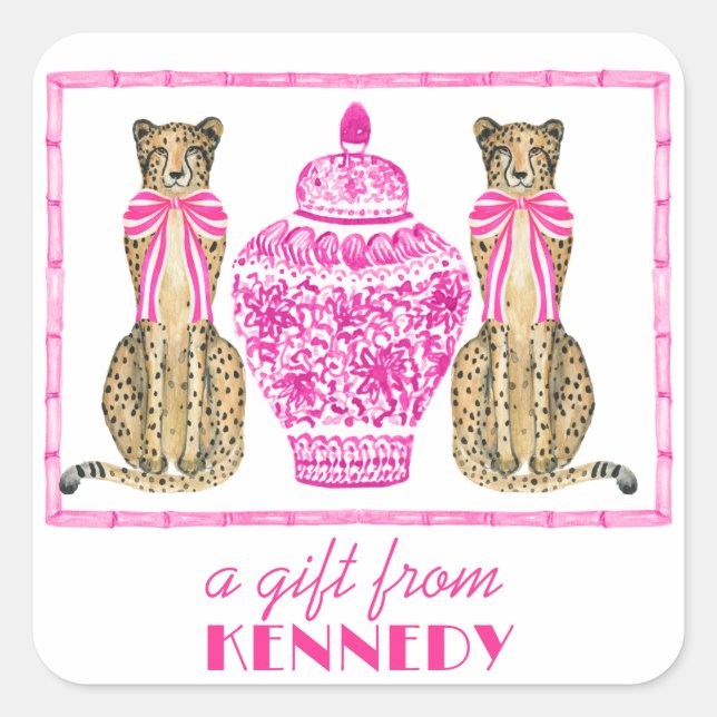 Hot Pink Cheetah Chinoserie Gift Sticker (Front)