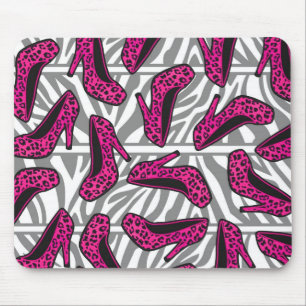 Hot Pink Cheetah High Heel Shoe Print on Zebra Mouse Mat