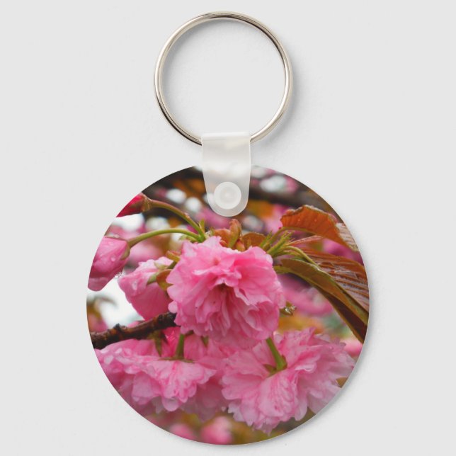 Hot Pink Cherry Blossom Flowers Key Ring (Front)