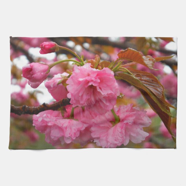 Hot Pink Cherry Blossom Flowers Tea Towel (Horizontal)
