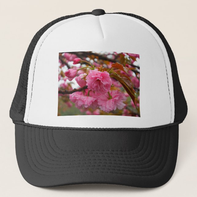 Hot Pink Cherry Blossom Flowers Trucker Hat (Front)