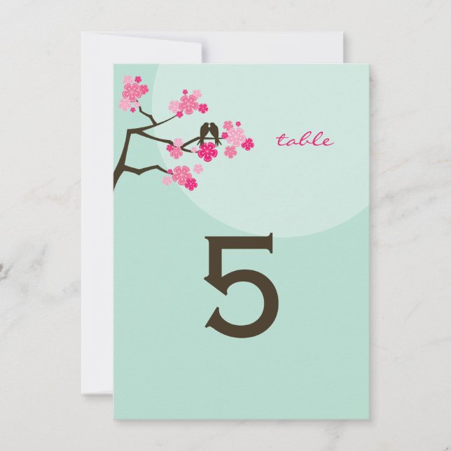 Hot Pink Cherry Blossoms Love Birds Table Number (Front)