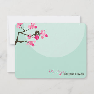 Hot Pink Cherry Blossoms Love Birds Thank You Card
