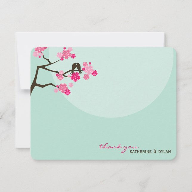 Hot Pink Cherry Blossoms Love Birds Thank You Card (Front)