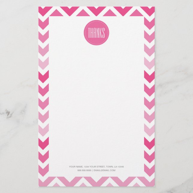 Hot Pink Chevron Ombre ZigZag Thank You Thanks Stationery (Front)