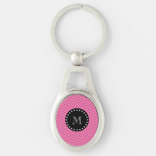 Hot Pink Chevron Pattern Black Monogram Key Ring