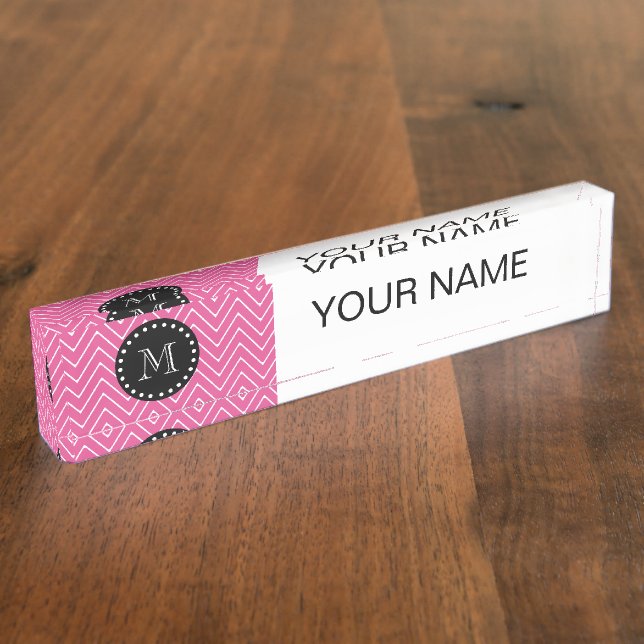 Hot Pink Chevron Pattern | Black Monogram Nameplate (Side)