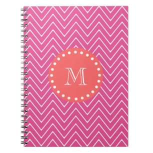 Hot Pink Chevron Pattern Coral Monogram Notebook